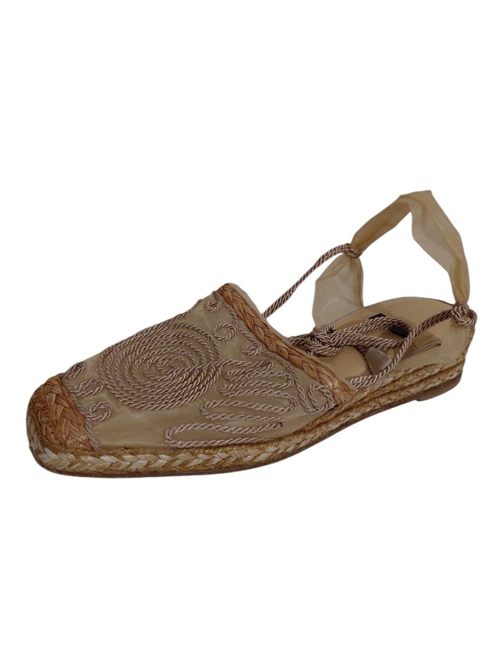 Stuart Weitzman Embroidered Organza Bohemian Espadrille Rope Tie Sandals